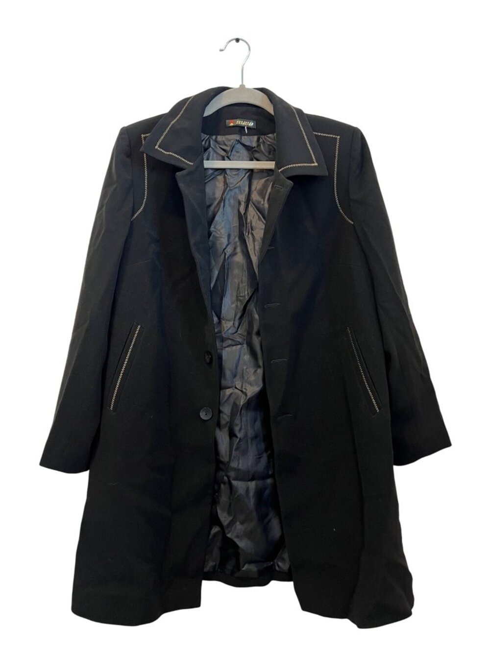 Vintage Kosovska Womens Black Overcoat With Contrast Stitching Details Size X